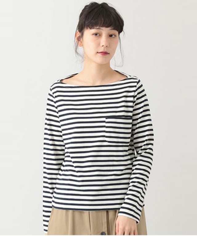 E hyphen world gallery ボートネック胸ポケット長袖Tシャツ