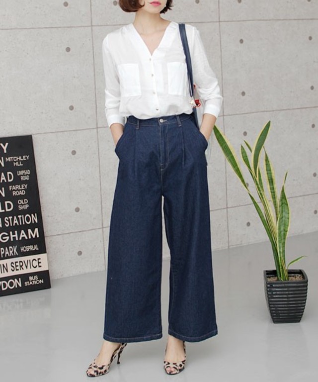 ハイウエストコットン デニムワイドパンツ