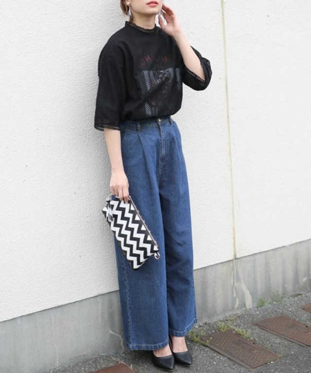 MOCA ハイウエストコットン デニムワイドパンツ