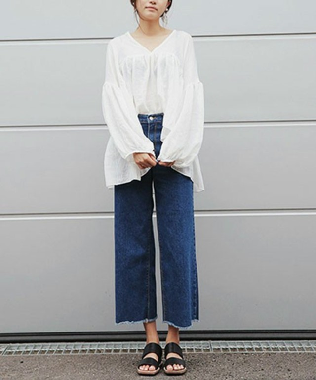ANDJ 裾フリンジデニムワイドパンツ