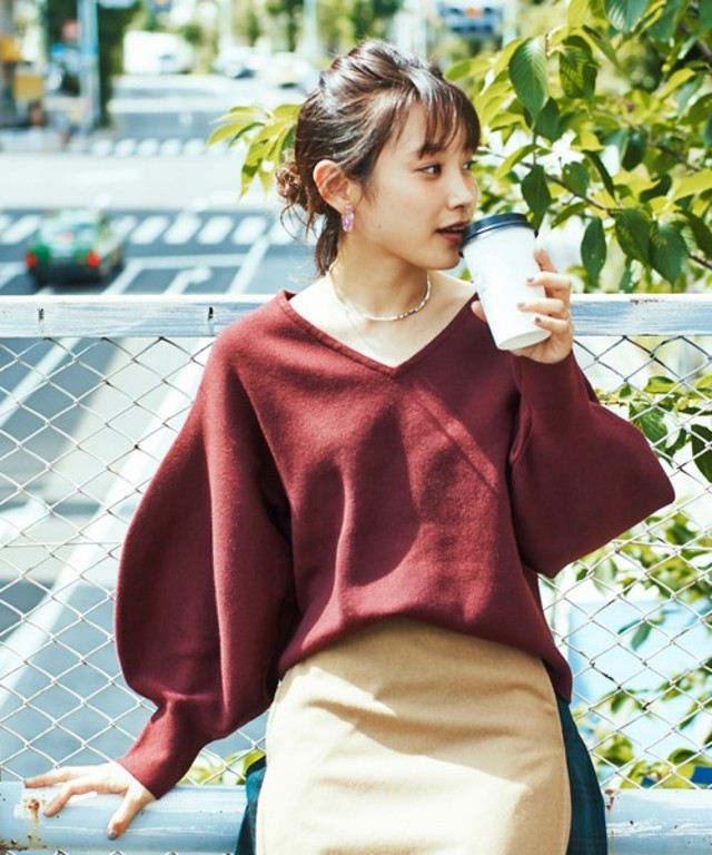haco! ラブ&ピースプロジェクト ミラノリブ編み袖ぷっくりVネックニット