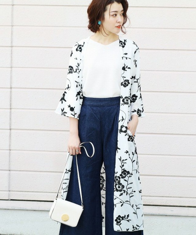 reca 花柄刺繍シフォンロングガウンカーディガン