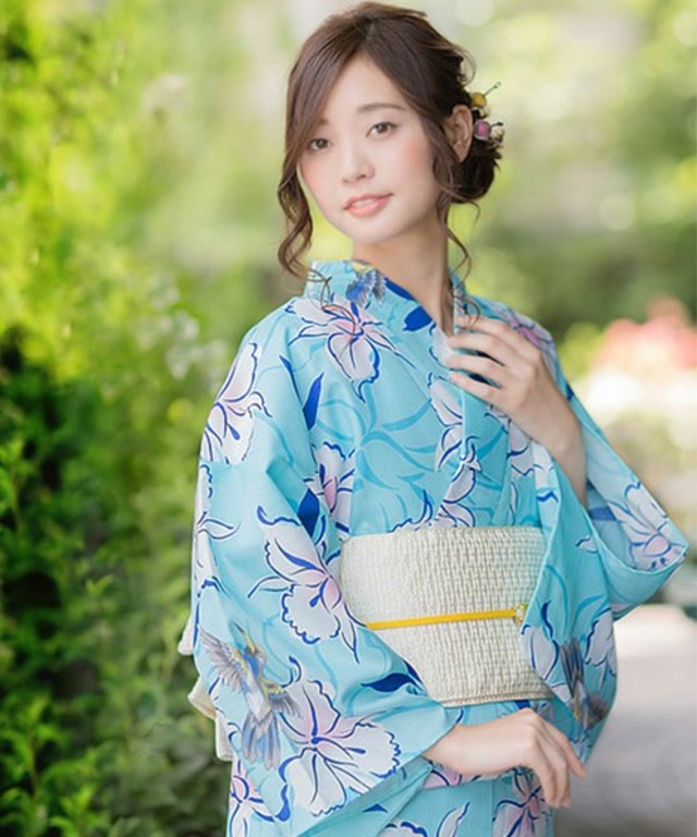 女性浴衣単品 水色 ハチドリと花