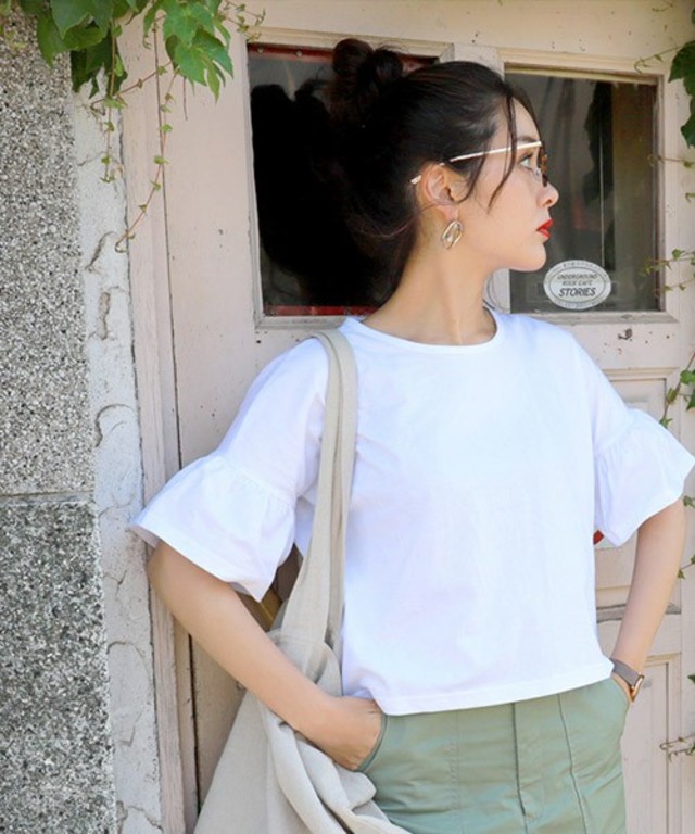 綿100%袖フレア半袖Tシャツ
