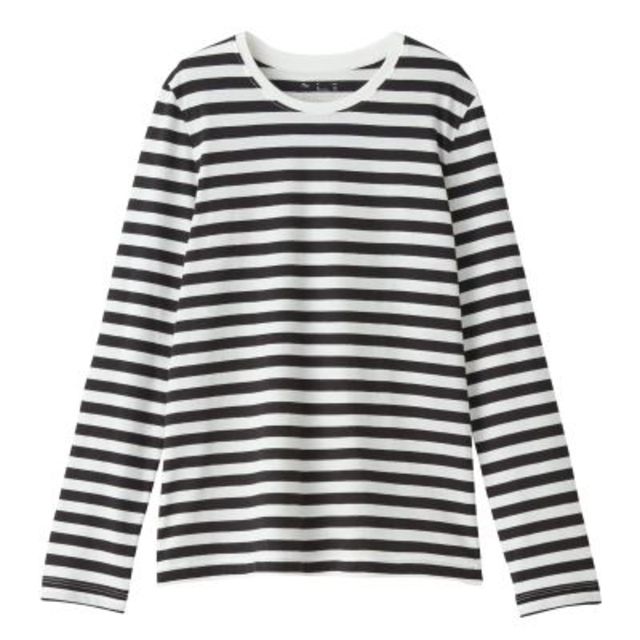インド綿天竺編みクルーネック長袖Tシャツ(ボーダー)