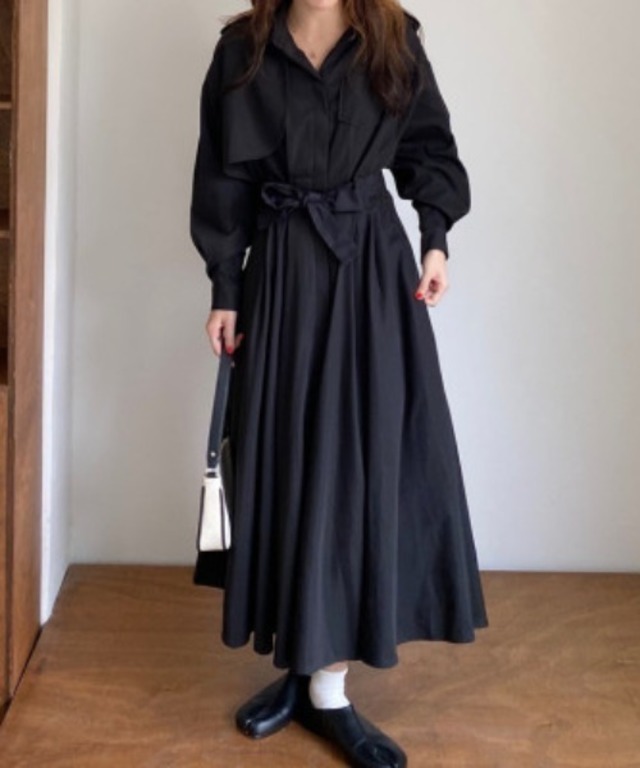 ウエストマーク バックボタンシャツロングワンピース