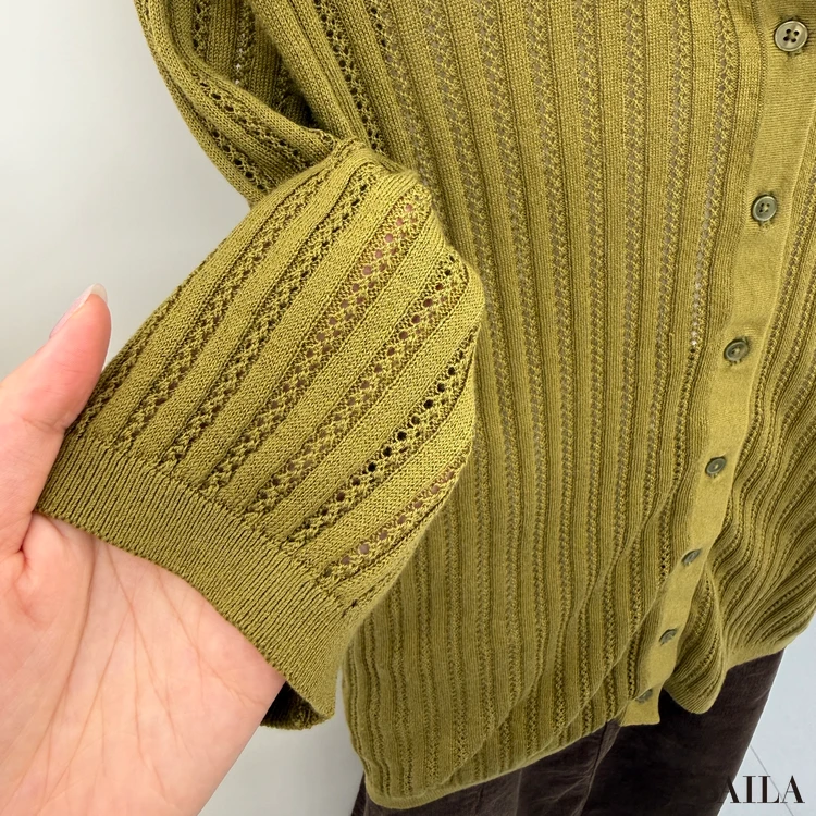 無印良品　なめらかリブ透かし編み 五分袖ポロカーディガン　透け感
