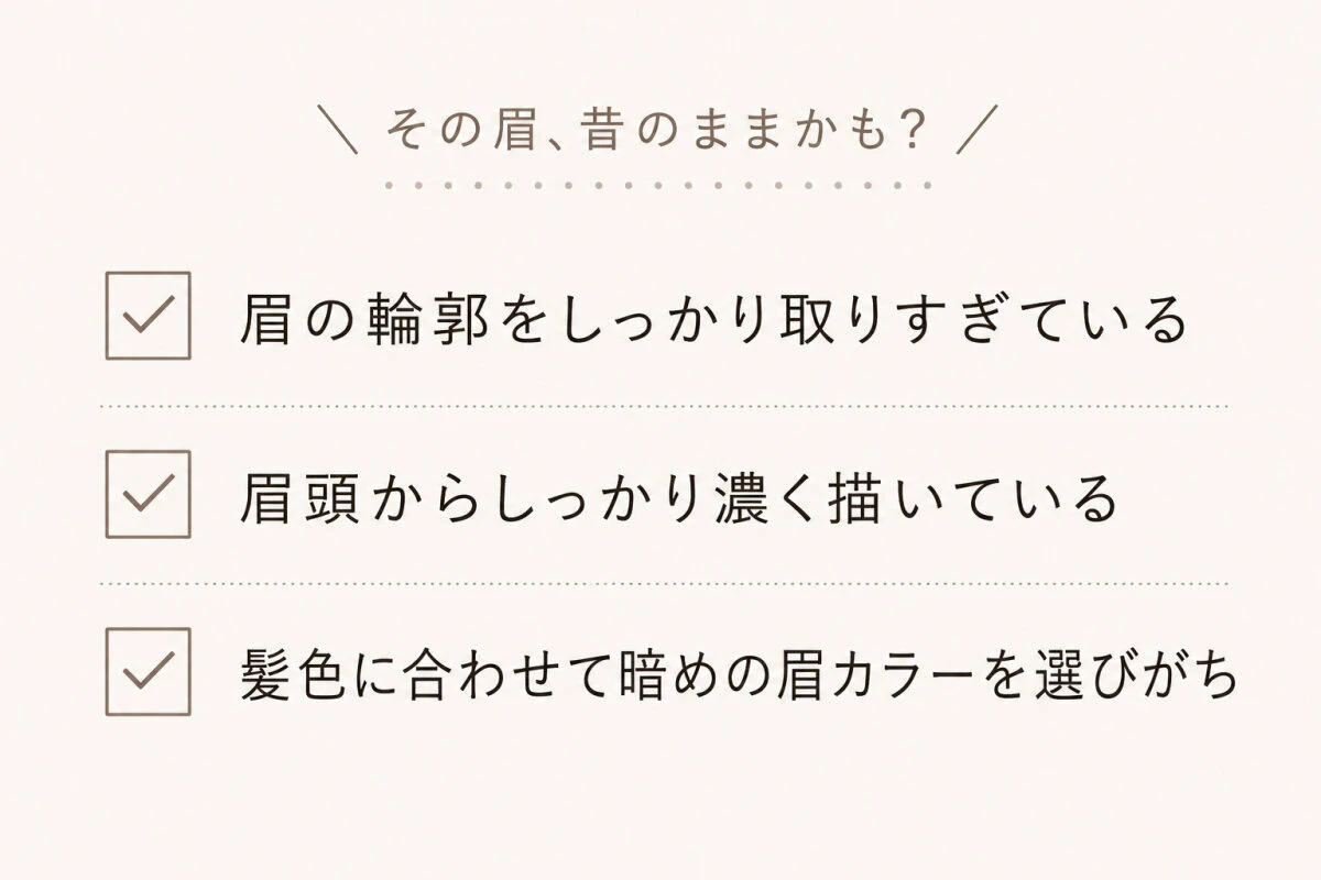 眉の老け見えを確認するセルフチェック項目を3つ並べたリスト画像