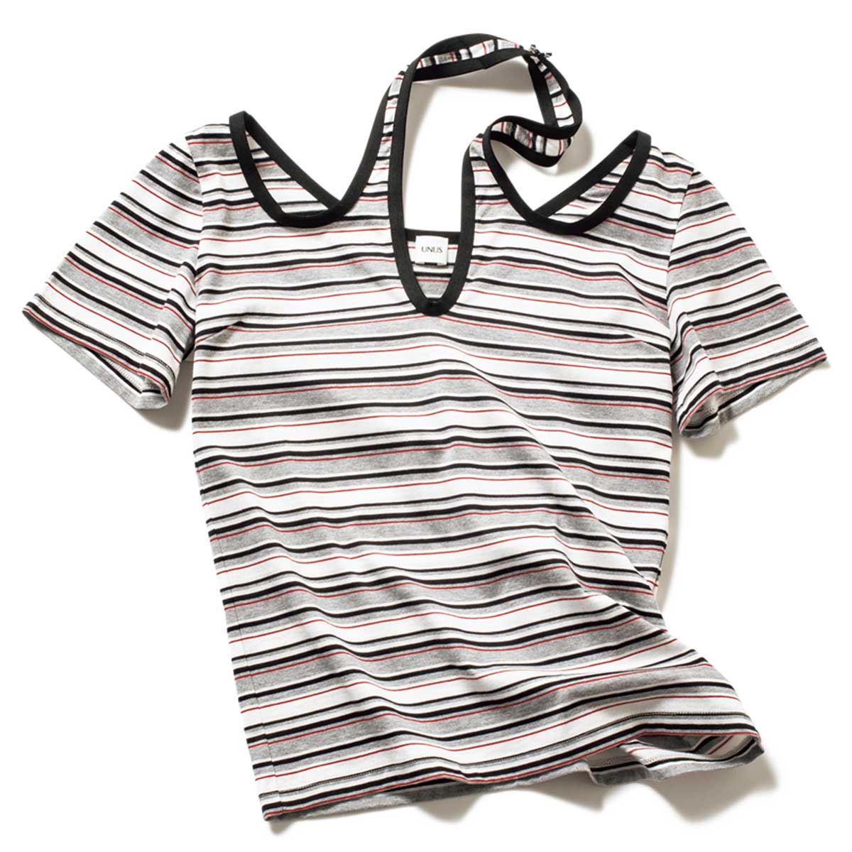 ユナスの変形ホルターネックのボーダーTシャツ