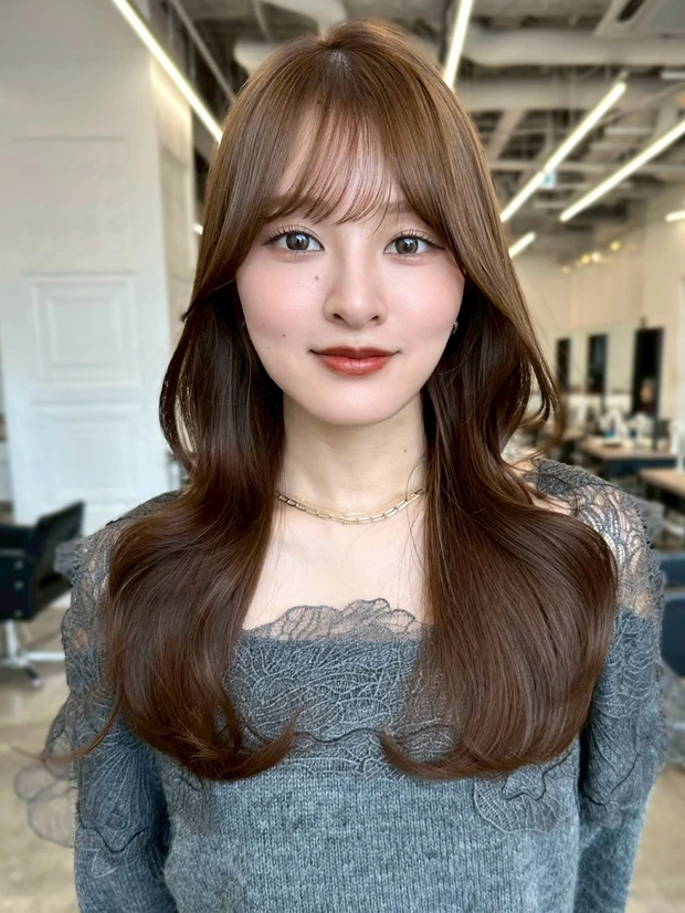 韓国風　髪型　シースルーバング×重軽バランスのロング